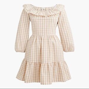 J Crew Fact Seersucker ruffleneck mini dress $110 Sz 14 Light Khaki White 912